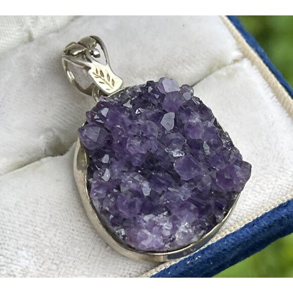 Vintage Sterling Silver 925 Amethyst Geode Pendant Necklace Vintage Raw Amethyst - Picture 4 of 6